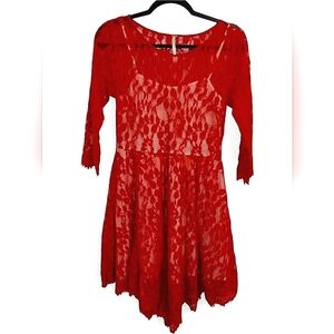 Free People Red Floral Mesh Lace 3/4 Sleeve Mini Dress Size 4